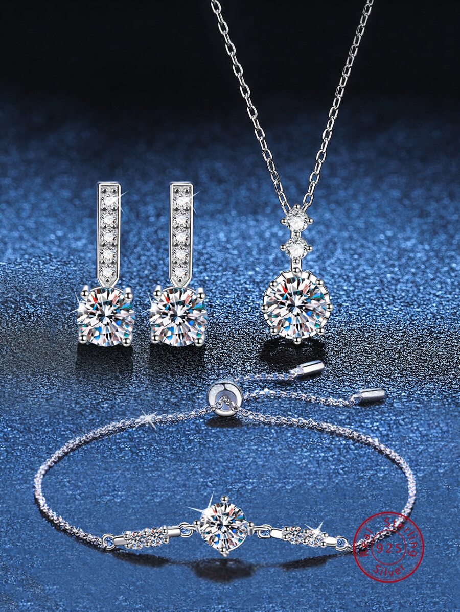 4 Piezas/set Juego De Joyas Elegante Y Lujoso De Plata De Ley 925 Y Circonia Para Mujeres, Incluye Aretes, Pulsera Y Collar, Adecuado Para Uso Diario, Fiestas Y Como Regalo - Plateado - Ver 1