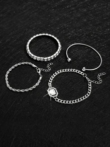 4 piezas/set Brazalete estilo punk con diamante de imitación girante Brazaletes para mujeres - Plateado - Ver 3