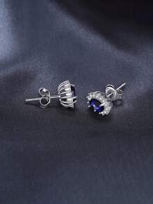BALMORA 1雙時尚簡單經典優雅風格S925銀&藍色的寶石四爪銀耳釘適合女士,充分鑲嵌銀耳朵首飾類禮品 - 銀色 - 查看 3