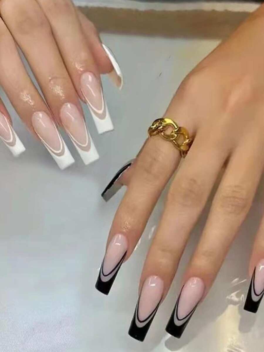 Mejore Su Apariencia - 24 Piezas De Puntas De Uñas En Estilo De Ballet, Mezcla De Color Nude+blanco Y Negro, Juego De Uñas Postizas De Cobertura Completa Con Brillo De Perlas Francesas Para Fiestas, Bailes Y Uso Diario - Multicolor - Ver 1
