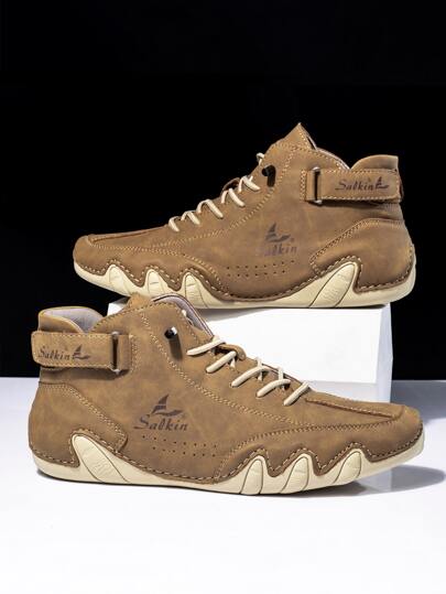 Salkin Sapatos Casuais Feitos à Mão para Homens, Botas de Designer Respiráveis com Fita Elástica de Gancho e Argola, Sapatos de Couro Planos Confortáveis, Antiderrapantes e Resistentes ao Desgaste, Botas Tornozelo para Caminhada e Trilha ao Ar Livre, Primavera Outono Inverno