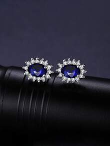 BALMORA 1雙時尚簡單經典優雅風格S925銀&藍色的寶石四爪銀耳釘適合女士,充分鑲嵌銀耳朵首飾類禮品 - 銀色 - 查看 4