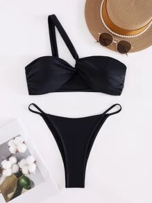 Conjunto de bikini de dos piezas para mujer con unicolor, diseño de un solo hombro y estilo de conjunto de bikini de alta gama para la playa de verano - Negro - Ver 4