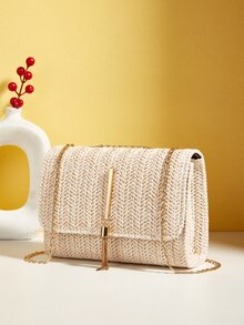 Ladies' Woven Crossbody Bag With Flap, Chain, Metal Tassel And Shoulder Strap - Khaki - View 2