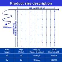 3公尺燈線掛簾燈,usb供電花燈(9.8英尺x9.8英尺),8種燈光模式與遙控調光,防水等級ip64,適用於派對臥室牆壁閃爍室內外裝飾溫暖白光 - 黃色 - 查看 5