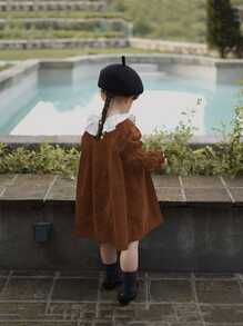 Vestido De Manga Larga De Pana Con Mangas Abullonadas Para Niñas Pequeñas Con Cuello De Encaje, Colección De Otoño 2023 - Marrón - Ver 2