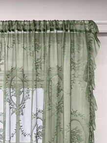 1入組深綠色透明復古鬆軟紗簾,優雅褶邊刺繡花朵濾光遮窗簾,適用於臥室陽台 - 墨綠色 - 查看 6