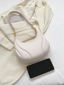 1pc Embossed White Pu Fashion Solid Color Small Shoulder Bag Suitable For Daily Use Minimalist Solid Color Bag All-Match Textured Crescent Bag Women's All-Match Underarm Bag For Daily Use - Beige - View 5