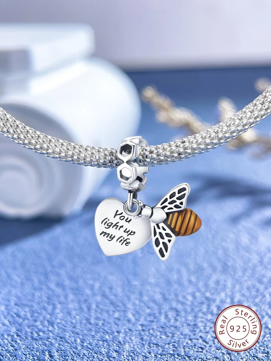 1入組愛心蜜蜂吊墜珠子,適用於女士飾品手鏈和項鏈配件,s925純銀精美珠寶製作