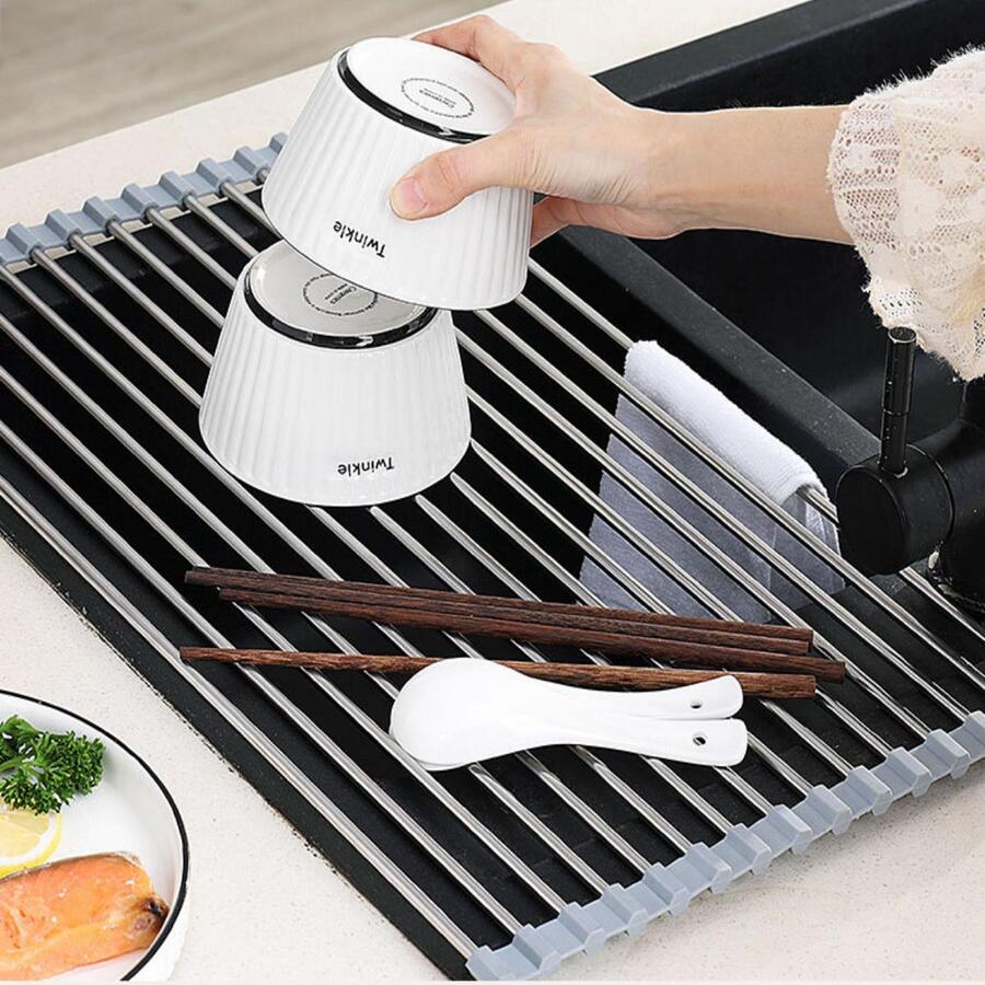 1 Piece Stainless Steel Sink Drain Rack, Expandable Kitchen Sink Shelf Dish Drainer Mat For Kitchen Storage - Dark Grey - View 1