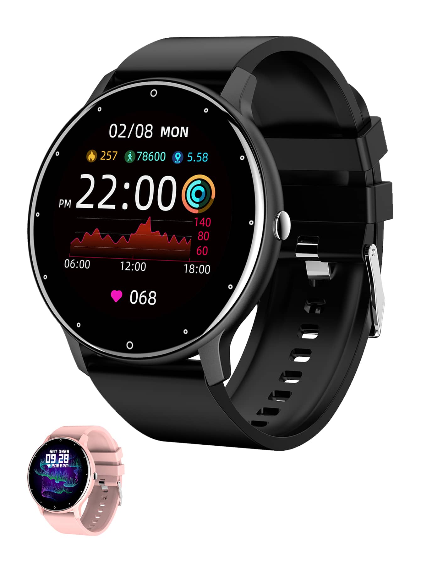 Outdoor Rugged Black Silicone Smart Watches for Men with Fitness Tracker Heart Rate Manual Blood Pressure Detection Compatible with Android iOS - Black - View 1