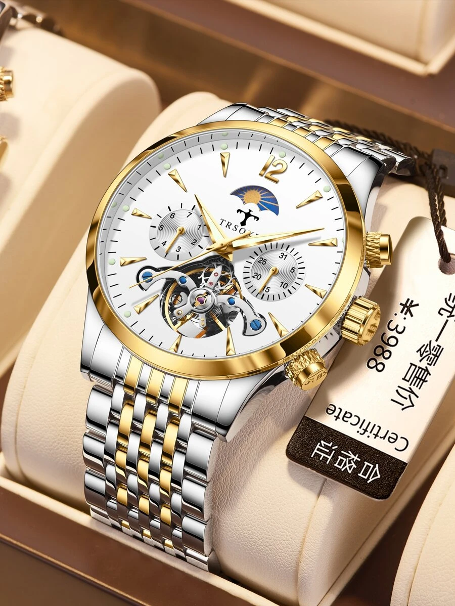 TRSOYE Moon 304 不鏽鋼金殼夜光功能陀飛輪機械機芯鏤空手錶男款 30 巴防水 - 金色 - 查看 1