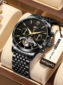 TRSOYE Moon 304 不鏽鋼金殼夜光功能陀飛輪機械機芯鏤空手錶男款 30 巴防水 - 金色 - 查看 3