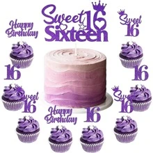 25Pcs 16th Birthday Cake Decorations, Sweet 16 Sixteen Cake Topper, Happy Birthday Sweet 16 Cupcake Toppers Purple for Boys Girls Happy 16th Birthday Party Supplies - Purple - View 1