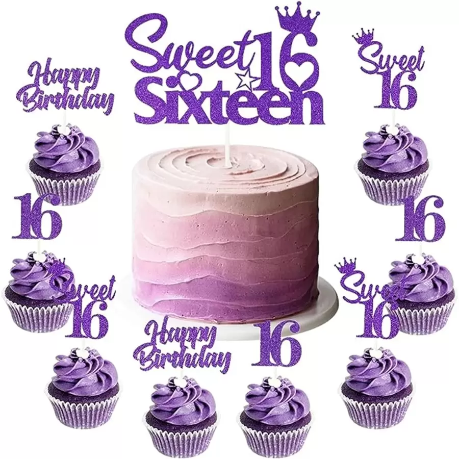 25Pcs 16th Birthday Cake Decorations, Sweet 16 Sixteen Cake Topper, Happy Birthday Sweet 16 Cupcake Toppers Purple for Boys Girls Happy 16th Birthday Party Supplies - Purple - View 1