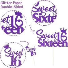 25Pcs 16th Birthday Cake Decorations, Sweet 16 Sixteen Cake Topper, Happy Birthday Sweet 16 Cupcake Toppers Purple for Boys Girls Happy 16th Birthday Party Supplies - Purple - View 6