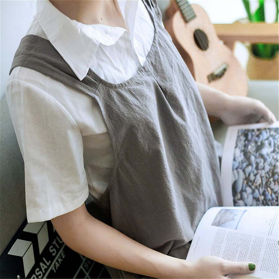 1 件帶扣領花卉印花圍裙,適合家庭烹飪或插花 - 灰色 - 查看 1