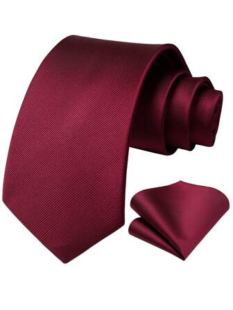 1pc Men's 8cm Deep Red Twill Necktie Set With Pocket Square, Wedding/Party Groom Necktie Set CasualMen Necktie