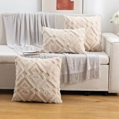 1pc Plush Geometric Pattern Pillow Case (Without Pillow Core) Bohemian Style Home Decor Cushion Cover For Living Room, Bedroom, All Seasons