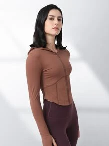 女式拉鍊合身連帽衫,帶拇指孔適用於瑜伽運動,長袖設計