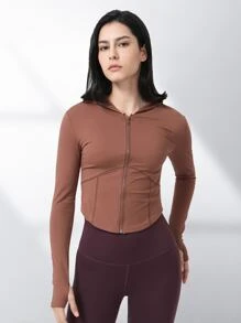 女式拉鍊合身連帽衫,帶拇指孔適用於瑜伽運動,長袖設計