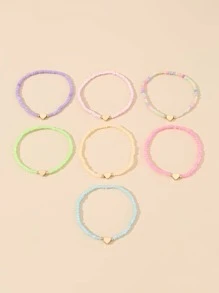 7pcs/set Rainbow Heart & Rice Beaded Bracelet Set - Multicolor - View 5