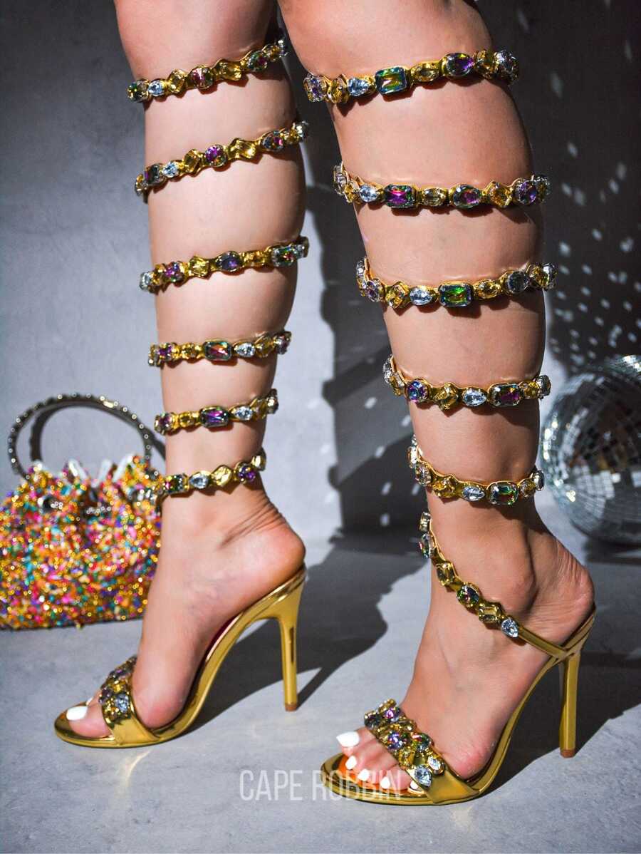 Women's Gem Embellished Wrap Around High Heels - Panus Heels - 金色 - 查看 1