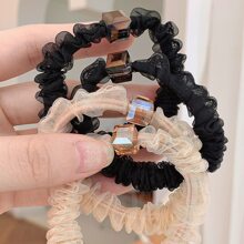 1pc Women's Multicolor Crystal Mesh High-low Ponytail Holder, Suitable For Daily Use - Black - View 3
