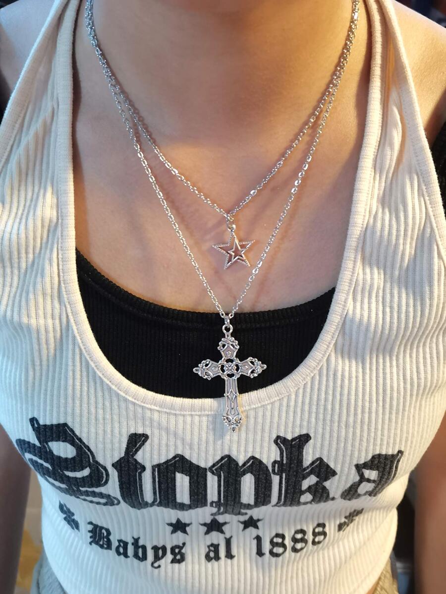2pcs Gothic Vintage Rock Style Cross & Star Shaped Necklace For Women - Silver - View 1