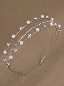 1入女性時尚配飾三層珍珠及鑽石裝飾頭帶，優雅髮梳 - 銀色 - 查看 3