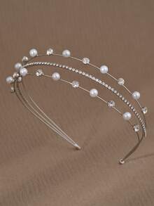 1入女性時尚配飾三層珍珠及鑽石裝飾頭帶，優雅髮梳 - 銀色 - 查看 5