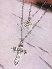 2pcs Gothic Vintage Rock Style Cross & Star Shaped Necklace For Women - Silver - View 3