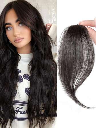 1 片 10 英寸长刘海，两侧有刘海，左中法式刘海，深棕色，天然接发，前发片，夹在头顶以延长刘海假发的长度