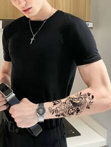 (6 Pièces/ensemble) Autocollant De Tatouage Temporaire Résistant À L'eau De Longue Durée Avec Des Motifs De Papillon, Fleurs Et Animaux Pour Unisexe - Noir - Voir 5