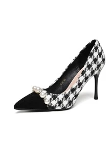 Women's Fashionable Houndstooth Pointed Toe High Heels, Spring & Autumn Work Shoes With Thin Heels, Popular 2023 New Design, Faux Pearl Wedding Shoes, Pumps - Black and White - View 5