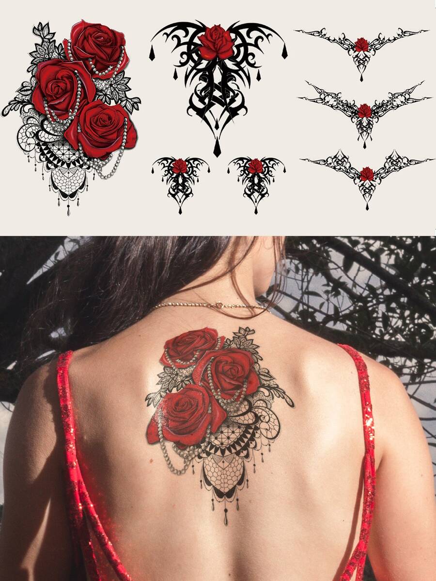 3 Piezas Tatuajes Temporarios De Flores Y Diseño Floral De Brazo Completo/grande, De Moda Para Cubrir Cicatrices En El Cuerpo - Multicolor - Ver 1