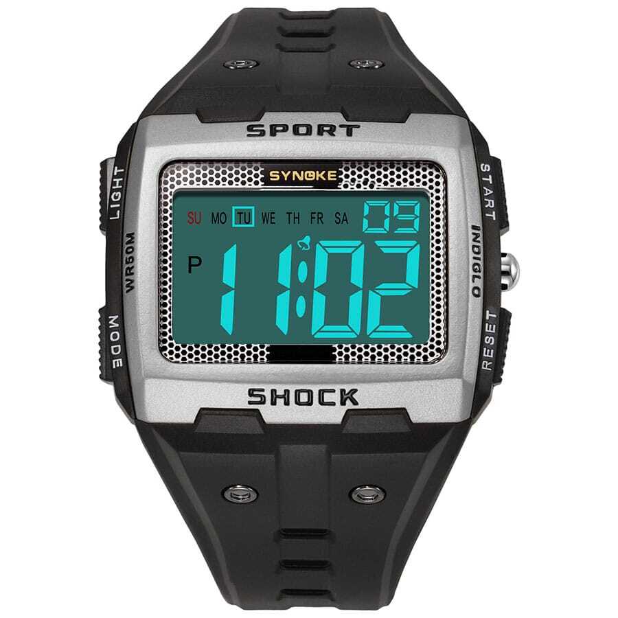 SYNOKE 50m Waterproof Large Dial Men's Square Sports Watch - Silver - View 1