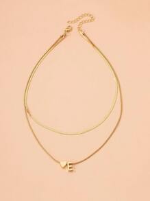 1個圓形和平面蛇紋疊加簡約時尚的雙層心形和字母組合吊墜項鍊,適合日常佩戴