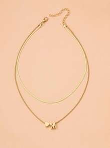 1個圓形和平面蛇紋疊加簡約時尚的雙層心形和字母組合吊墜項鍊,適合日常佩戴