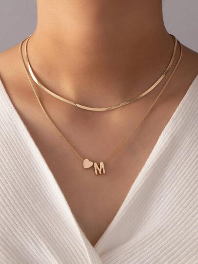 1pc Circular & Flat Snake Layered Simple Fashion Double Layer Heart & Letter Combination Pendant Necklace For Daily Wear