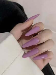 Nail Nina 24 puntas de uñas largas elegantes y artísticas, color sólido, para salón, fiesta, diario, entretenimiento - Morado - Ver 1