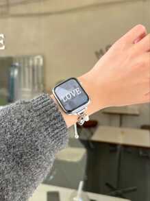 1pc Pearl Bracelet Stainless Steel Watch Band Compatible With Apple Watch 46/38/40/41/42/44/45/49mm, Compatible With Apple Watch S10/9/Ultra/SE/8/7/6/5/4/3/2/1 - Silver - View 3