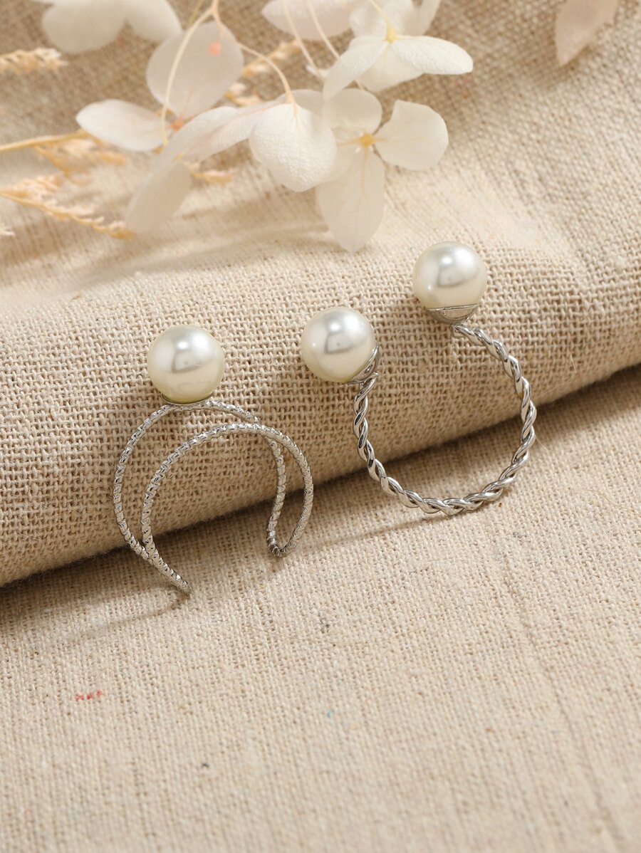 1pc Minimalist Pearl Adjustable Ring Set, Suitable For Women's Daily Wear - Silver - View 1