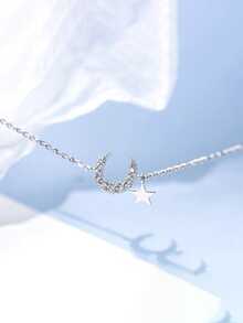 1pc Korean-style Metal Countryside Style Short Bracelet With Rhinestone Inlaid Moon And Star Pendant For Women's Daily Wear - Silver - View 2