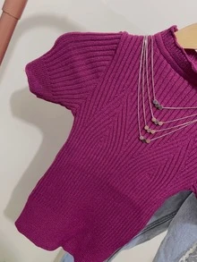 Women Knit Tops - 酒紅色 - 查看 2