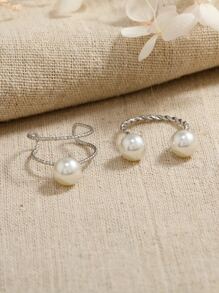 1pc Minimalist Pearl Adjustable Ring Set, Suitable For Women's Daily Wear - Silver - View 3