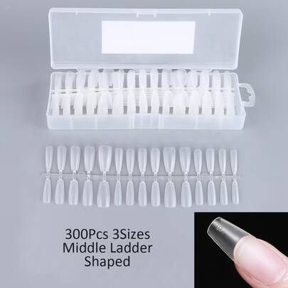 300入組霧面假指甲,全套透明中梯形亞克力製品,壓克力指甲美甲工具,適用於練習美甲指尖