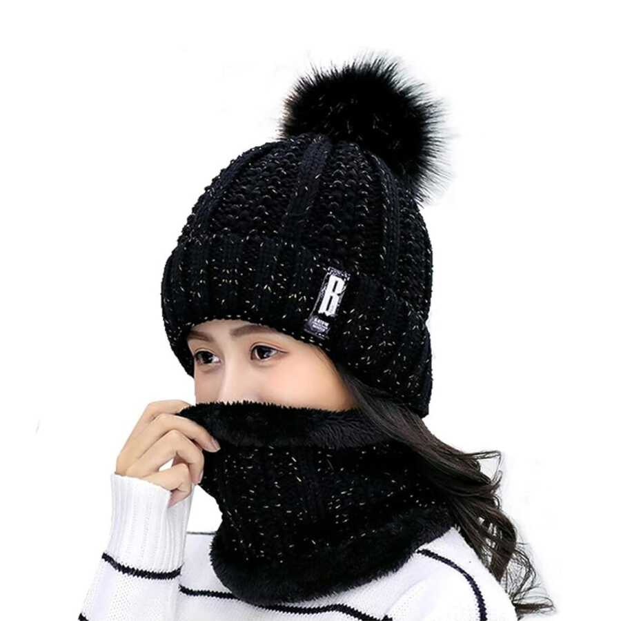 Hat And Scarf Set For Girls Fashion Winter Warm Knit Beanie Hat Scarf Set - Black - View 1