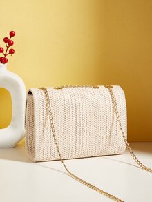 Ladies' Woven Crossbody Bag With Flap, Chain, Metal Tassel And Shoulder Strap - Khaki - View 3