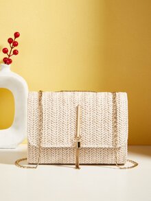 Ladies' Woven Crossbody Bag With Flap, Chain, Metal Tassel And Shoulder Strap - Khaki - View 1